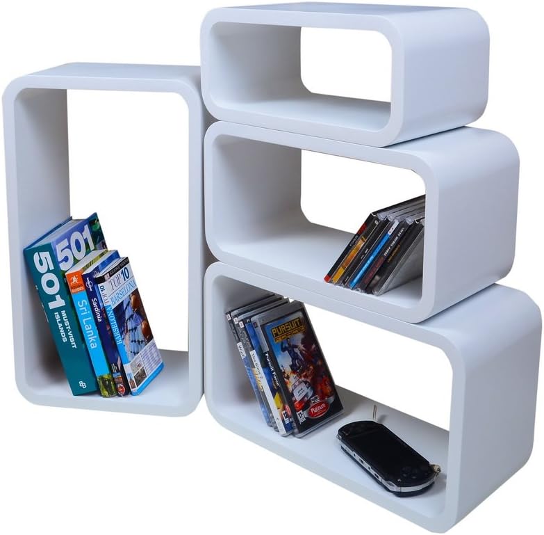 Cube Verstärkte Vielen Farben MDF Retro Design 4er Set Regal Regale Wandregal Deko Würfel CD DVD Lounge LO01 (Weiß)