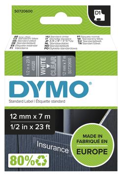 Dymo D1 - Selbstklebend - weiß auf durchsichtig - Rolle (1,27 cm x 7 m)