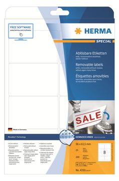 HERMA Special - Papier - matt - selbstklebend, entfernbarer Klebstoff - weiß - 96 x 63.5 mm 200 Etiketten (25 Bogen x 8)