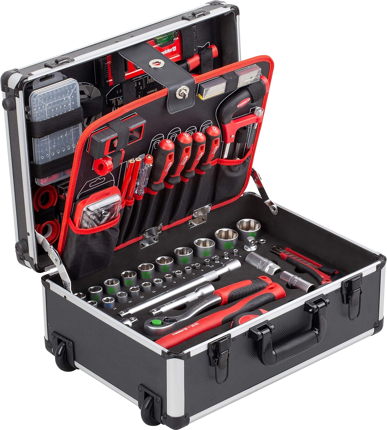 Meister Werkzeugtrolley 238-teilig - Werkzeug-Set - Teleskophandgriff / Profi Werkzeugkoffer befüllt / Werkzeugkiste fahrbar auf Rollen / Werkzeugbox komplett, Schwarz/Silber, 8971480