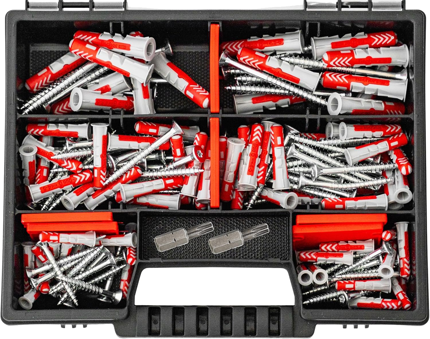 Fischer DuoPower Set Dübel + Schrauben mit Bits, 162 Teiliges Dübelsortiment. Dübel in verschiedenen Größen - 25 Stück 5x25mm + 40 Stück 6x30mm + 15 Stück 8x40mm + Schrauben Universaldübel