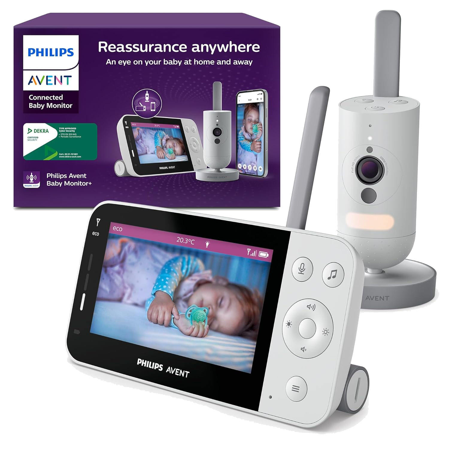 Philips AVENT Connected Babyphone mit Kamera und WLAN, hochwertiger HD-Kamera, Infrarot-Nachtsichtfunktion, Schrei-Erkennung, Gegensprechfunktion, DEKRA Zertifiziert privat und sicher, SCD951/26