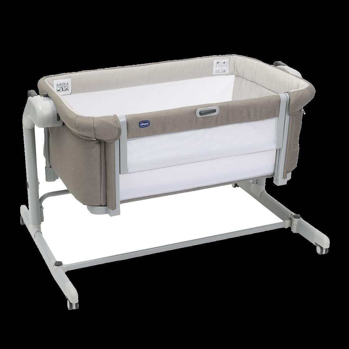 Chicco Next2Me Magic Evo, Beistellbett für Babys, mit Schaukelmodus, Kippfunktion, aufklappbarem Seitenteil, Verstellbarer Höhe, 4 Rädern, inkl. Matratze und Reisetasche, Beige