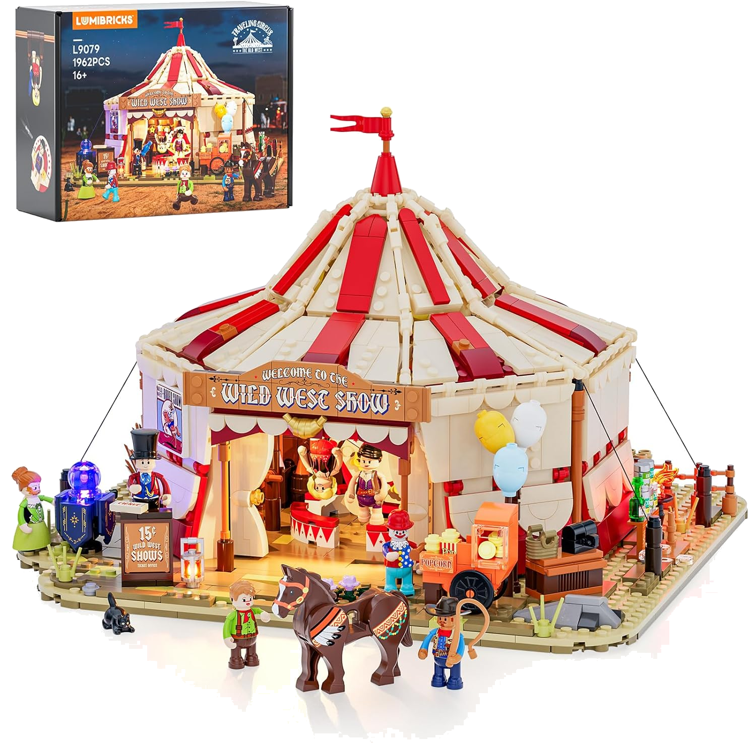 Traveling Circus Bauset mit Licht – 1962 Teile Zirkuszelt mit LED & Minifiguren – Modularer Jahrmarkt für Erwachsene, Westernfans & Freizeitpark-Sammler