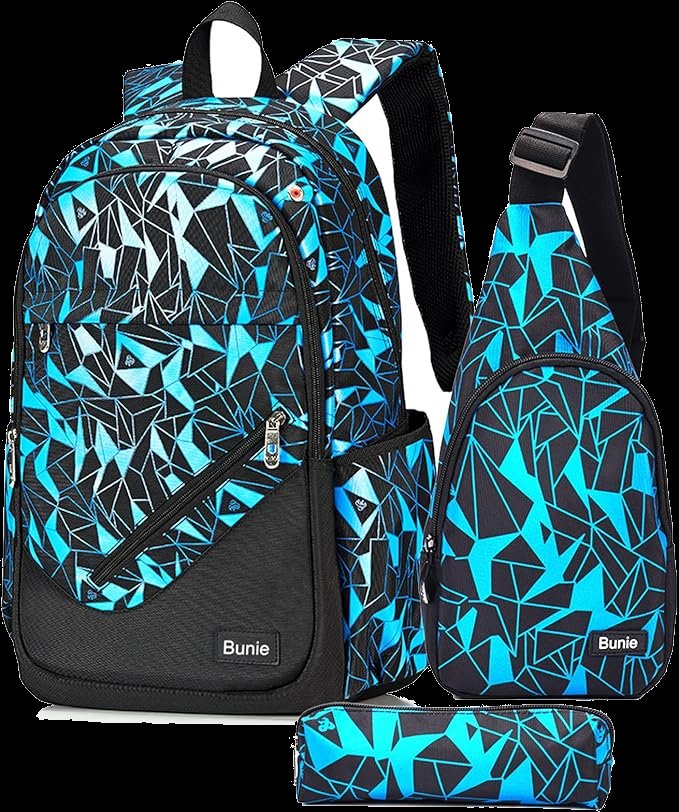 bunie Rucksack für Jungen Große Büchertasche wasserdichte Schultasche Federmäppchen Umhängetasche Set für Grundschule Mittelschule Gymnasium