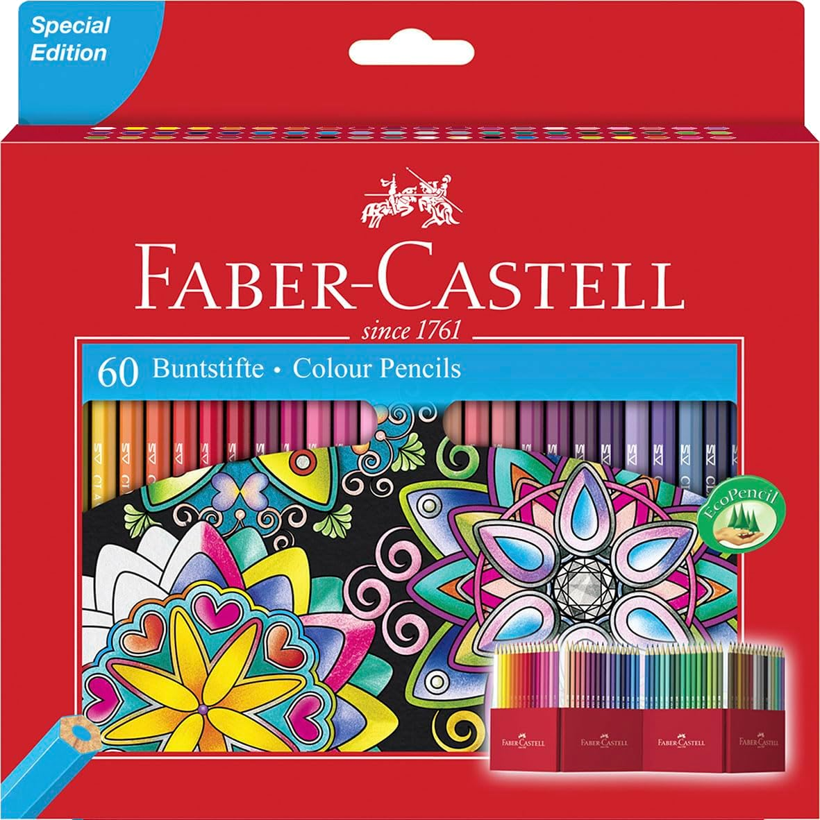 Faber-Castell 111260 Castle Buntstifte Set, 60 Farben, hexagonal, bruchsicher, weiche Mine, hohe Farbbrillanz, Malzubehör für Kinder & Erwachsene