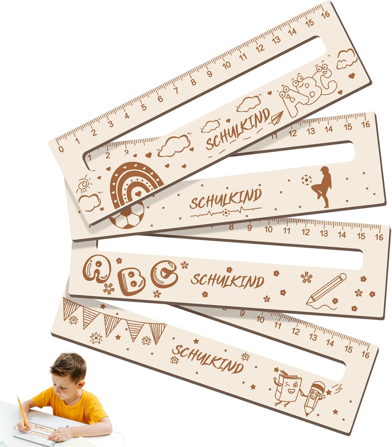 Lesezeichen Holz Lineal 16 cm, 4 Stück Lesehilfe Kinder 1 Klasse zur Einschulung, 2-in-1 Lesehilfe und Lineal für Schulkind Personalisiert, Geschenke für Mädchen und Jungen zum Schulanfang