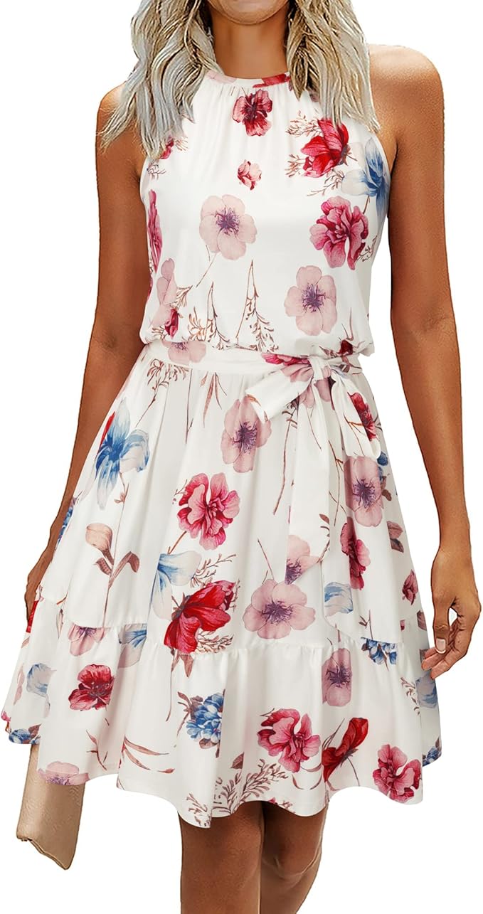 Newshows Sommerkleider Damen Knielang Elegant Kleid Blumenmuster Neckholder Rüschen Freizeitkleider mit Taschen