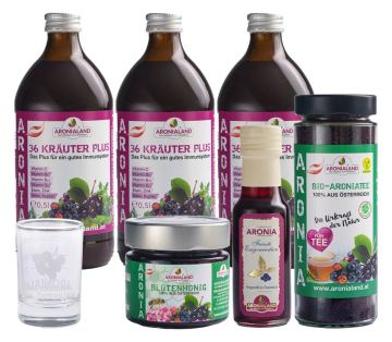 Aronia 36 Kräuter Plus Set + Aronia Blütenhonig 250g + Aronia Feinste Essigvariation 100ml + Aronia Tee 170g + Aronia Messglas