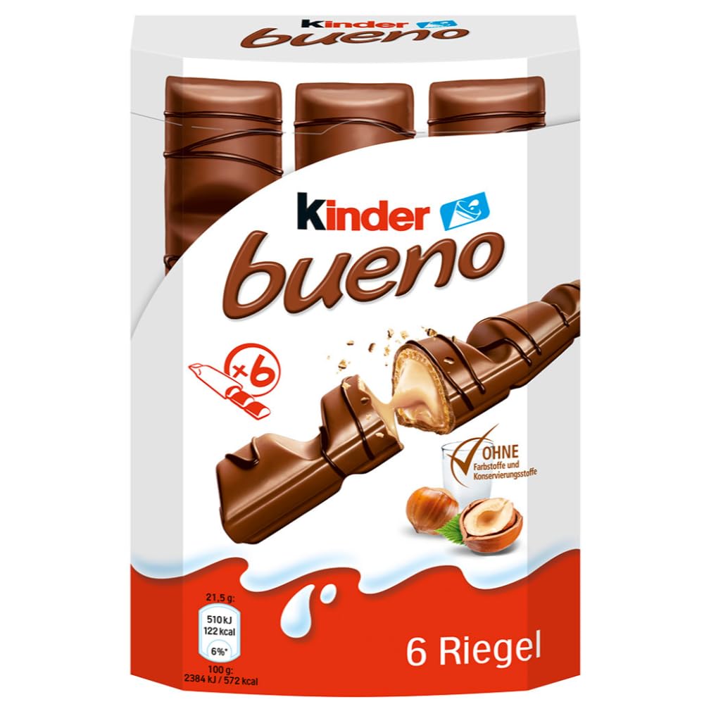 kinder bueno – Schokoriegel mit knuspriger Waffel, feiner Milch-Haselnuss-Cremeund zarter Vollmilchschokolade – 1 Packung mit 6 einzeln verpackten Riegeln (6 x 21,5 g) (Verpackung kann variieren)