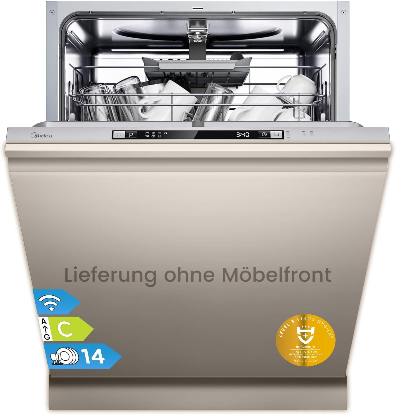 Midea SV 5.14K14C Geschirrspüler Vollintegriert 60cm, 14 Maßgedecke, Spülmaschine Unterbaufähig mit WIFI, 8 Programme, 44 dB, Automatische Türöffnung, 0-24H Startverzögerung, Inox [Energieklasse C]