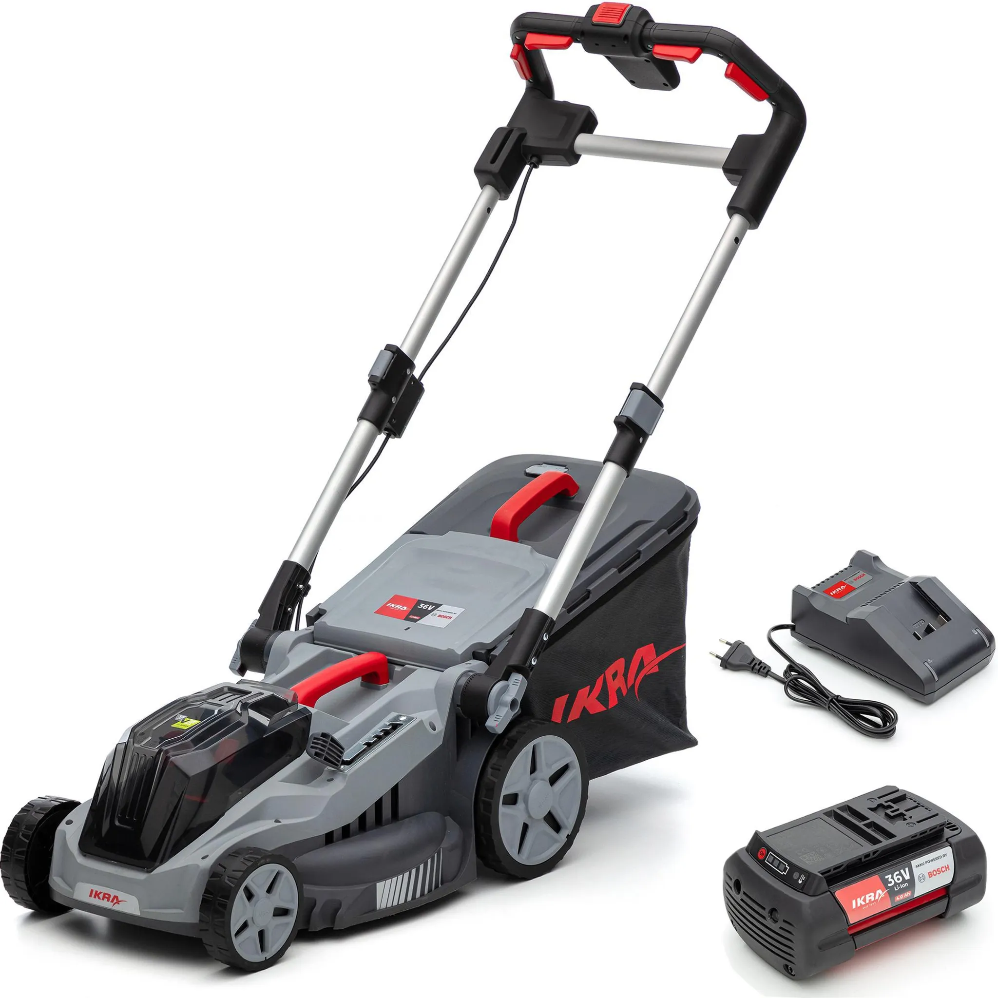 IKRA Akku Rasenmäher IB-LM 38 | 36V Bosch System | 38 cm Schnittbreite | 5 Schnitthöhen 30–75 mm | Mulchkit | 42l Fangkorb | Akku (4,0 Ah) &amp; Lader