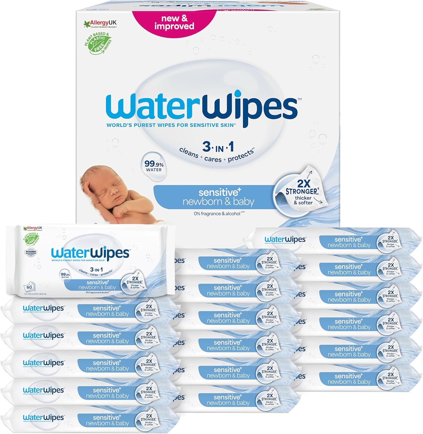 WaterWipes Sensitive+ Newborn & Baby Wipes, Feuchttücher für Neugeborene und Babys, 1080 Stück (18 Packungen), 3-in-1-Reinigung, Pflege, Schutz, 99,9% Wasser, parfümfrei