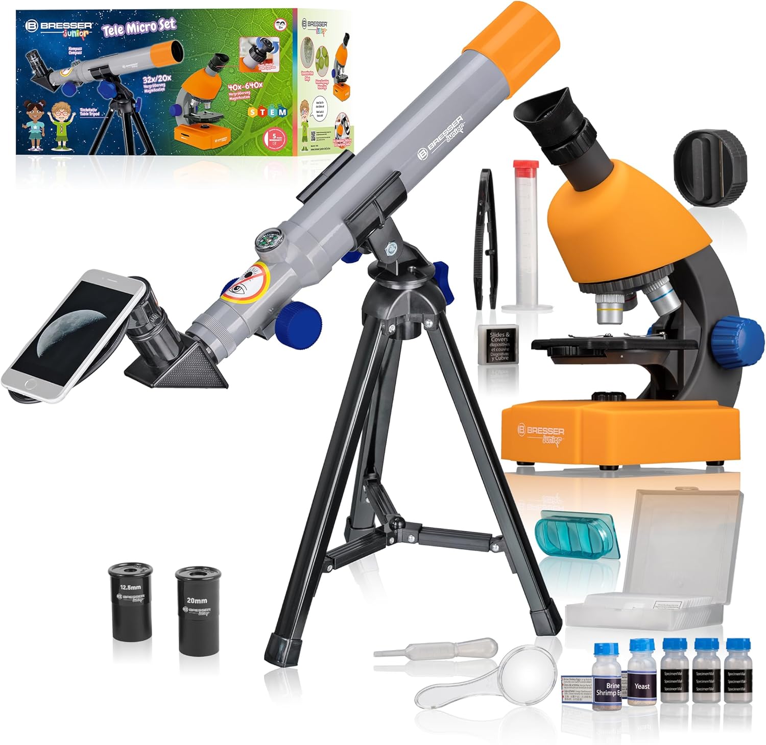 Bresser Junior Mikroskop & Teleskop Set mit Mikroskop 40x-640x Vergrößerung und 40/400mm Teleskop für Kinder ab 8 Jahren