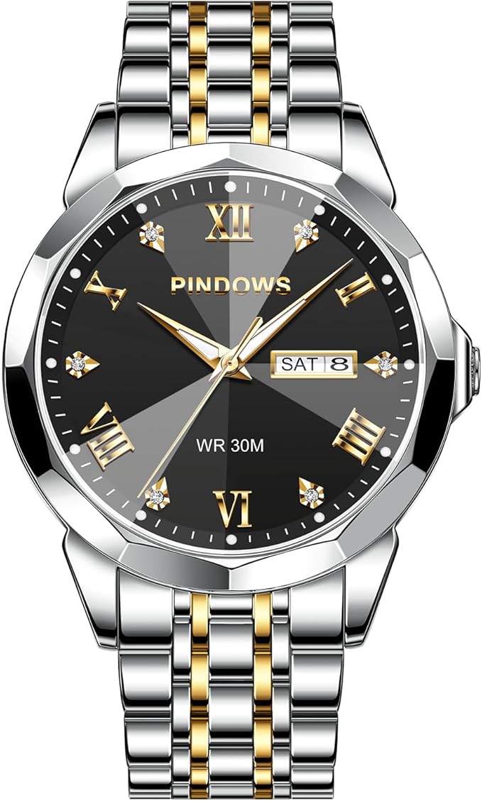 Herren-Armbanduhr, luxuriös, Quarz, analog, mit Datum, großes Zifferblatt, wasserdicht, modisch, Business-Armbanduhr, Kleid, zweifarbig, Edelstahl, klassische Herrenuhr, leuchtender Kalender
