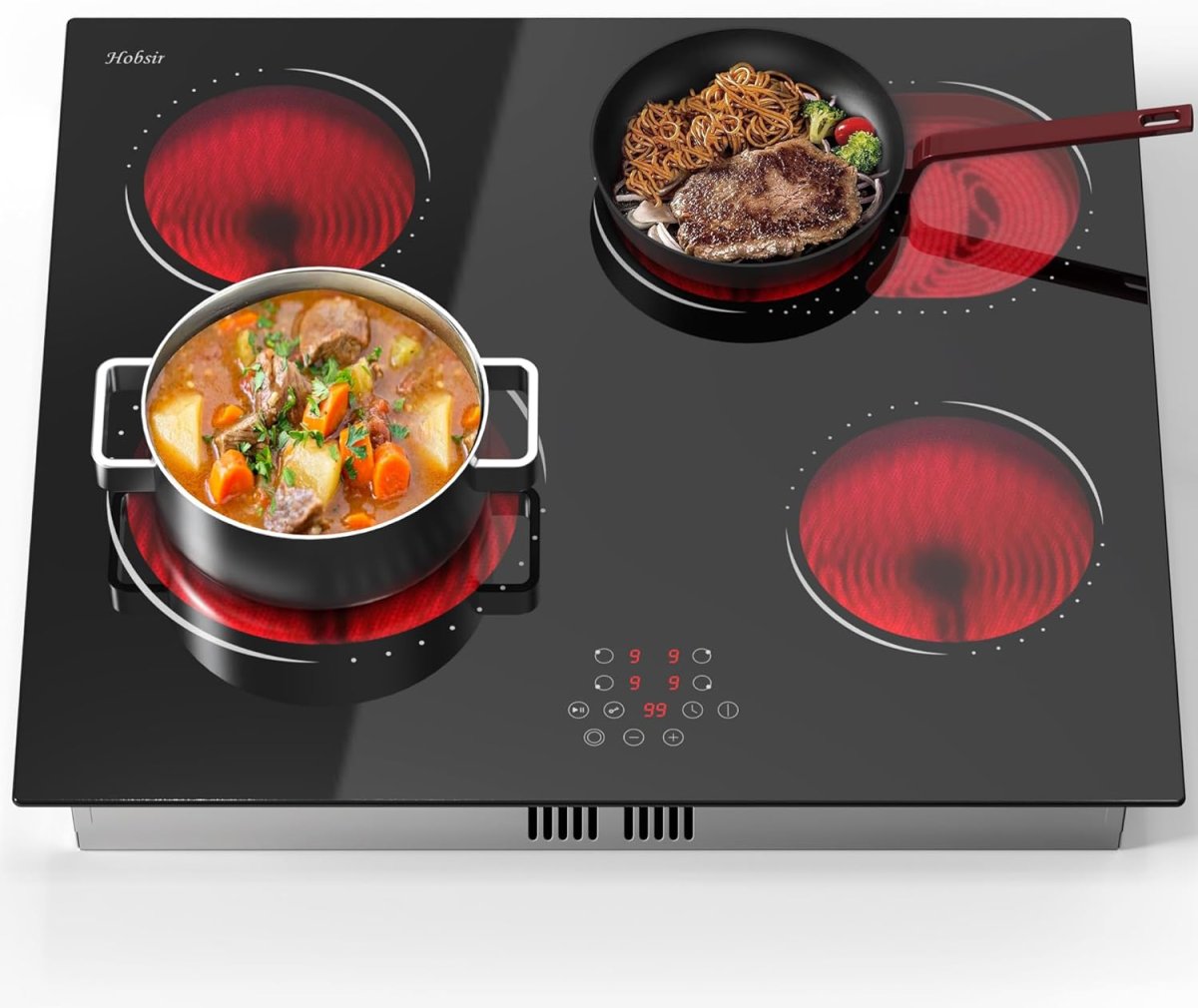 Hobsir Glaskeramikkochfeld 4 Platten, Kochfelder Autark mit Ovale Zone und äußere Flex-Zone, Touch-Bedienung, 60cm Einbau, 6600W, 9 Leistungsstufe, verkabelt, kein Stecker, 240V