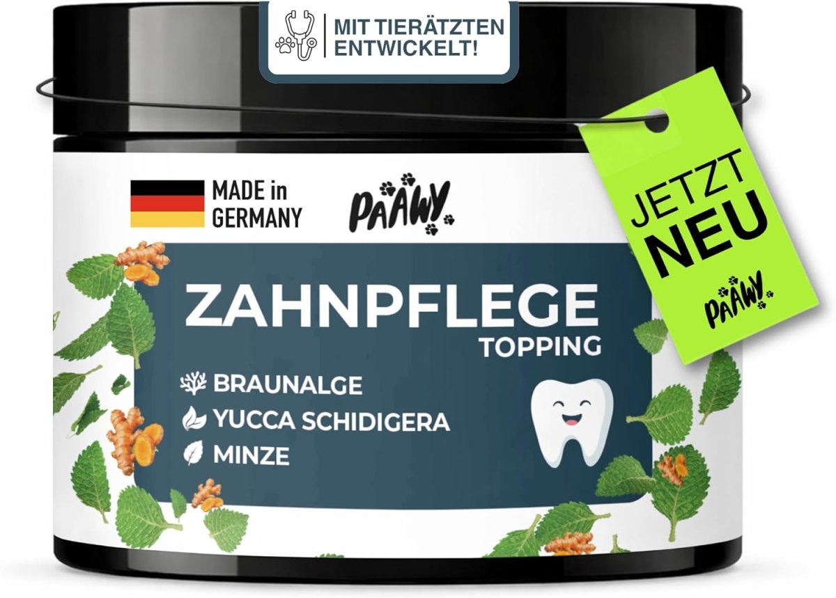 Dental Pulver für Hunde - 9-in-1 Wirkstoff-Komplex Made in Germany - Zahnsteinentferner & Anti-Mundgeruch Futtertopping - einfache Zahnpflege beim Hund - Zahnputzflocken für tägliche Reinigung