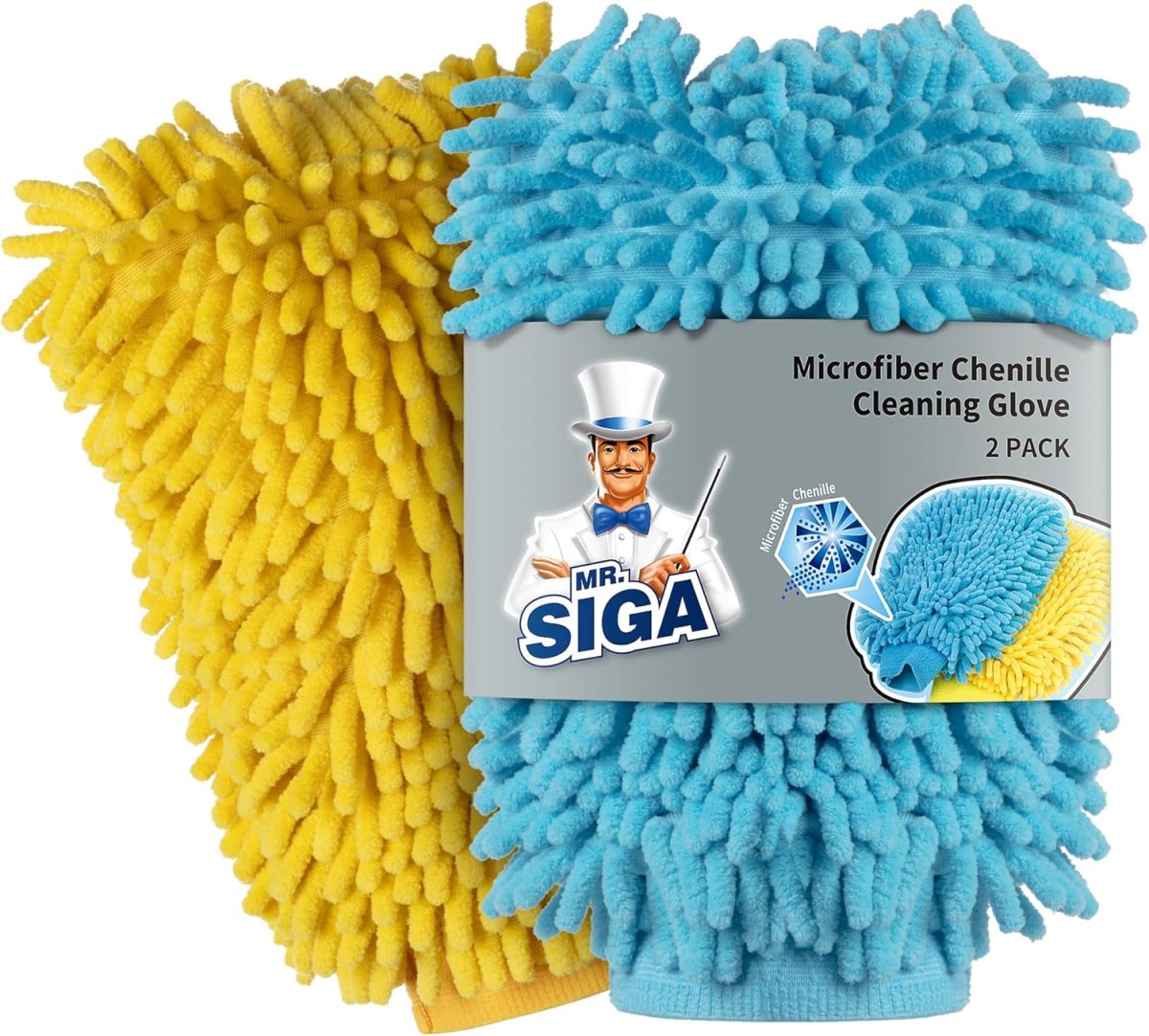 MR.SIGA Hochwertig Mikrofaser Waschhandschuh Weiche Chenille Autowaschhandschuh, 2 Stück, Blau & Gelb