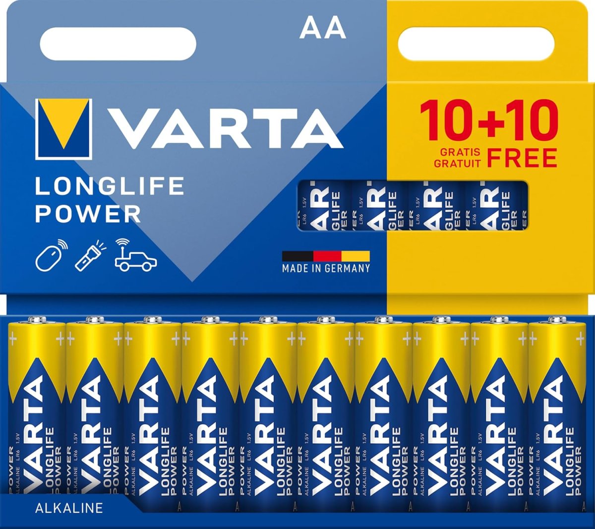 VARTA Batterien AA, 20er Pack (10+10), Longlife Power - Alkaline Mignon Batterien LR6 mit 1,5 V - Made in Germany - für energieintensive Geräte