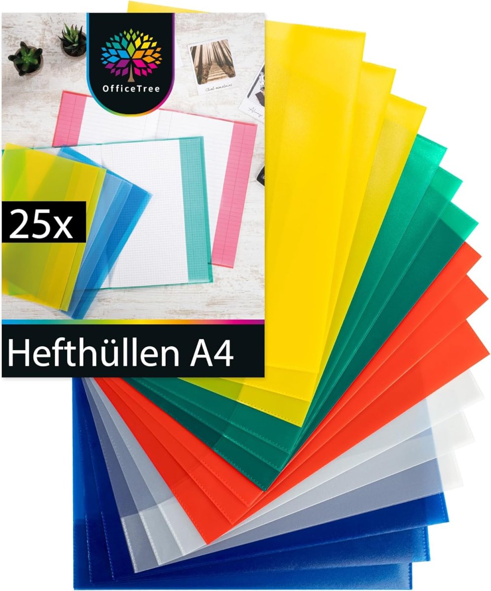 OfficeTree 25x Hefthüllen A4 Bunt - Heftumschläge A4 Bunt - Umschläge Heft - Heftschoner - Heftumschlag - Hefthülle - Umschläge für Schulhefte - Dokumentenecht