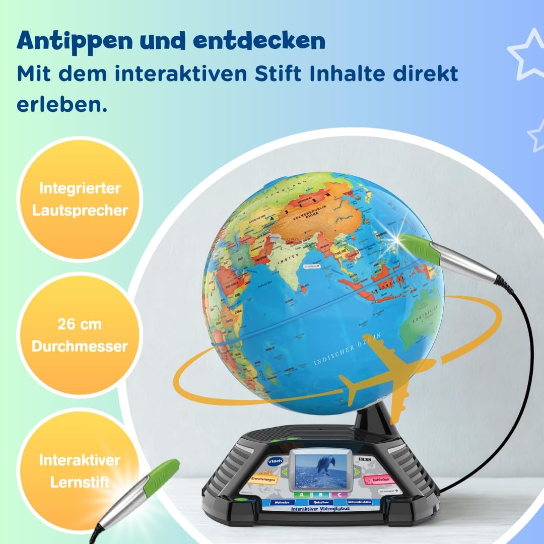 VTech Interaktiver Videoglobus – Weltkugel mit Bildschirm, akustischen und visuellen Lerninhalten (deutsche Version) – Ideal für die Einschulung – Für Kinder ab 7 Jahren