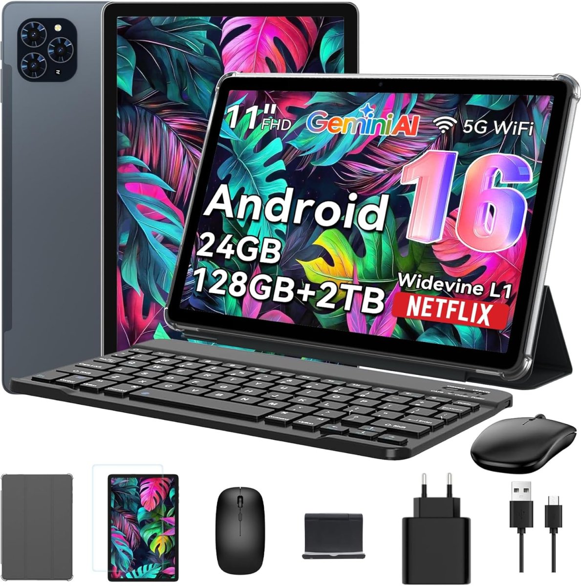 Android 16 Tablet mit Tastatur - 24GB RAM+128GB ROM, Octa Core, Gaming Tablet 11 Zoll, Widevine L1, 1920x1200 FHD+IPS, 8000mAh Akuu, Gemini AI, 13MP+5MP KI Kamera, Face ID, 5G WiFi, 3.5mm Jack