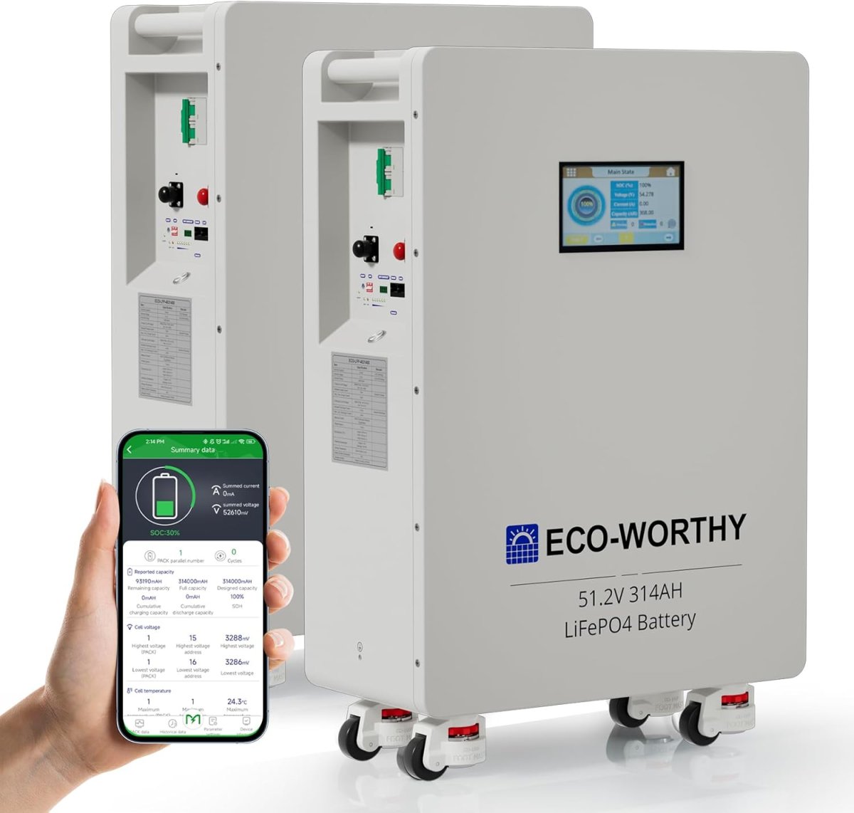 ECO-WORTHY 2PACK 48V 314Ah LiFePO4 Batterie 32,2kWh Stromspeicher und Leistungsschaltern 200A PACE BMS RS485/CAN/RS232 mit Bluetooth WLAN für Notstromversorgung zu Hause Netzunabhängige Solaranlagen