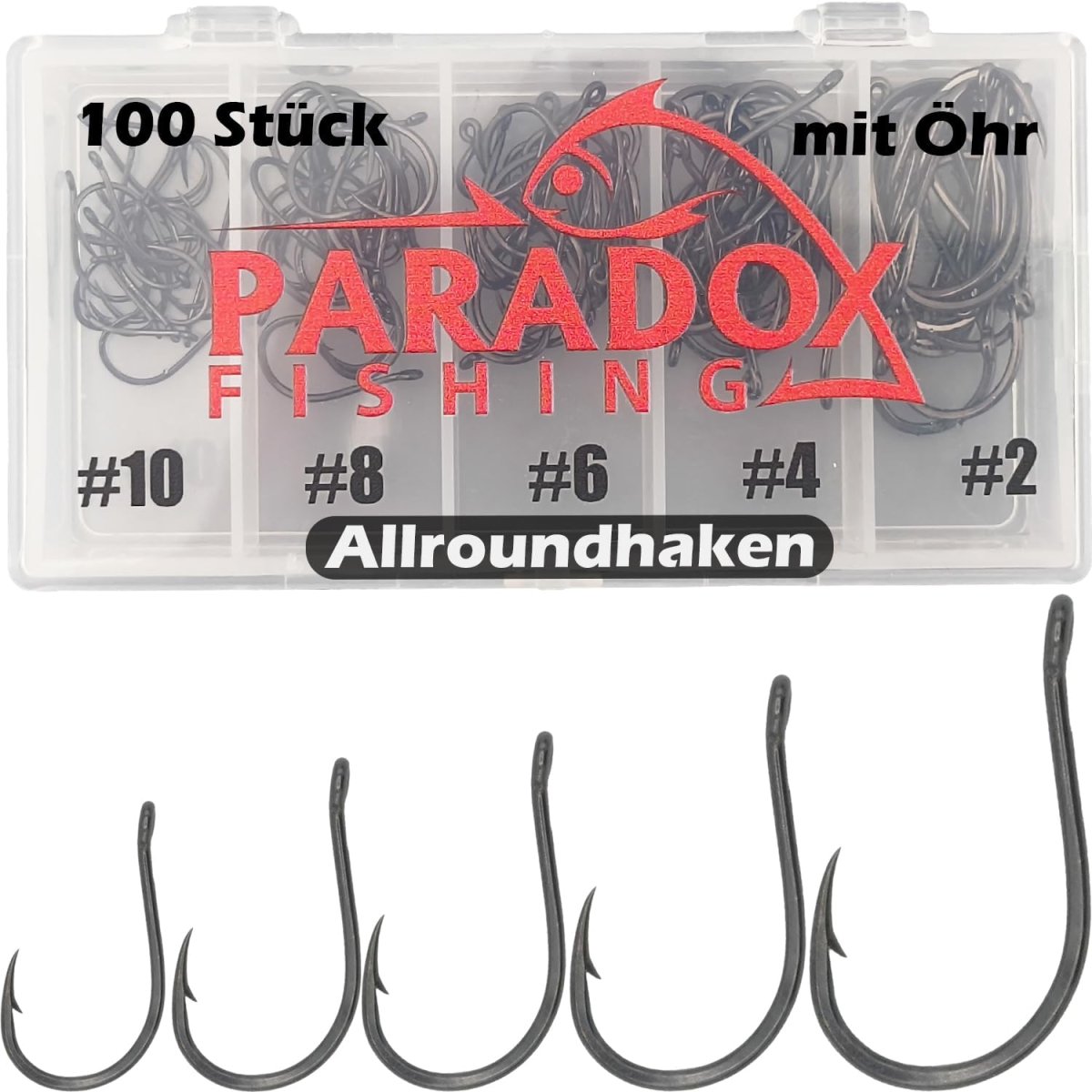Paradox Fishing Allround-Angelhaken mit Öhr I 100 Stück #10/#8/#6/#4/#2 - je 20 Stück I Angelhaken Set für Karpfen, Forelle etc.