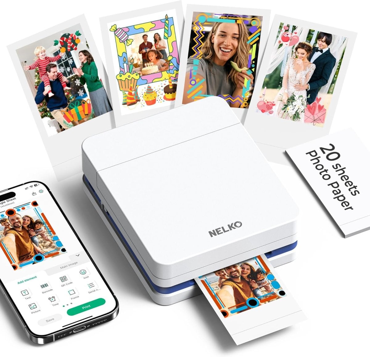 Nelko Fotodrucker PP01 Farbe Tragbarer Mini Fotodrucker für Smartphone mit 20 Fotopapier, Tintenstrahl Aufkleber Drucker, Sticky Back Fotos für iOS & Android, Spaß Bearbeiten App, Weiß