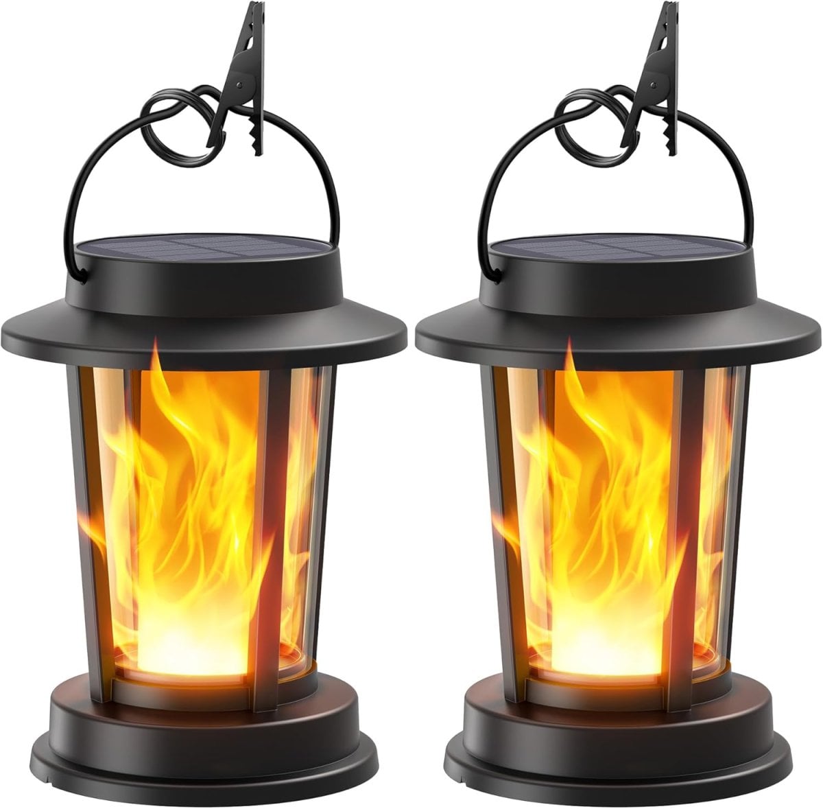 Solarlampen für Außen Hängend/Stehend, Solar Laternen für Draußen Warmweiß, IP65 Wasserdicht Retro Solarleuchten Gartendeko mit Clips für Außen Garten 2 Stücke (Schwarz, Flammeneffekt)