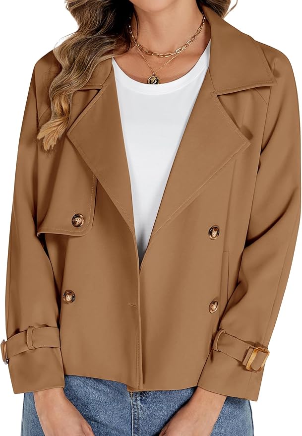 Tuopuda Kurzer Trenchcoat Damen Zweireiher Kurzmantel Übergang Trench Coat Klassische Herbst Frühling Sommermantel Leichte Damenmantel Mantel Übergangsmantel Reverskragen