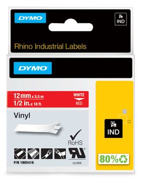 Dymo Rhino - Vinyl - permanenter Klebstoff - Weiß auf Rot - Rolle (1,2 cm x 5,5 m)
