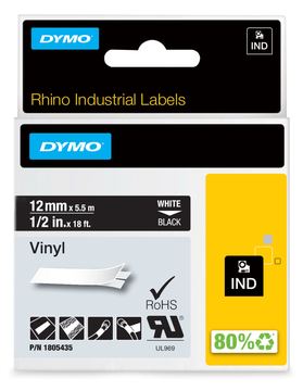 Dymo Rhino Coloured Vinyl - Vinyl - permanenter Klebstoff - Weiß auf Schwarz - Rolle (1,2 cm x 5,5 m)