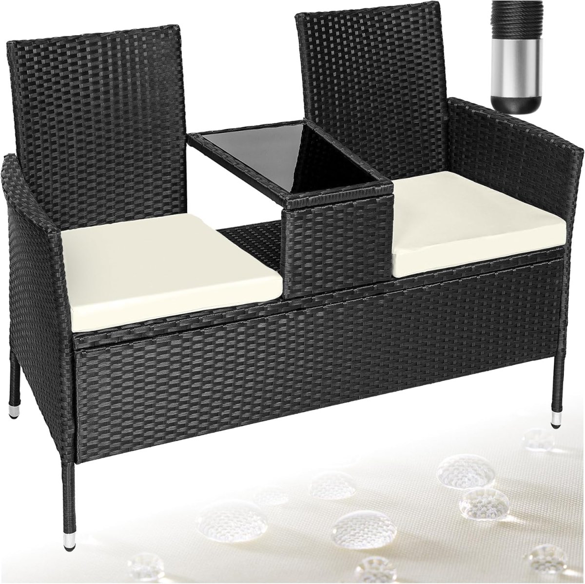 Outdoor Sitzbank mit integriertem Tisch, Gartenbank Lounge Sitzgruppe für 2, für Wintergarten, Balkon, Rattan Gartenmöbel