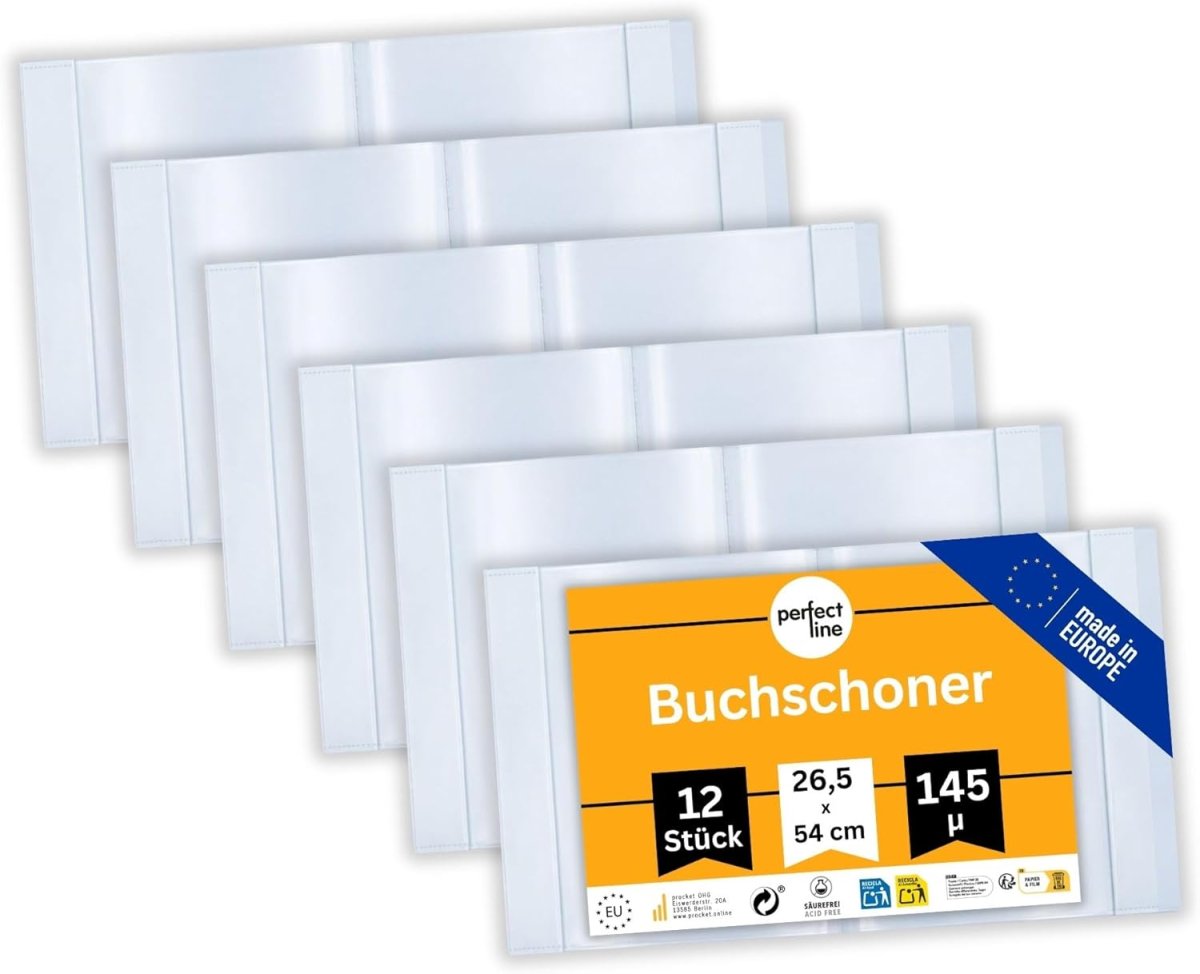 perfect line – 12x Buchumschlag 26,5 cm Höhe – Schulbuchhülle extra stabil aus PP – Buchschoner glasklar, transparent, abwischbar – Hülle bis 54 cm Breite – Made in EU – ideal für Bücher