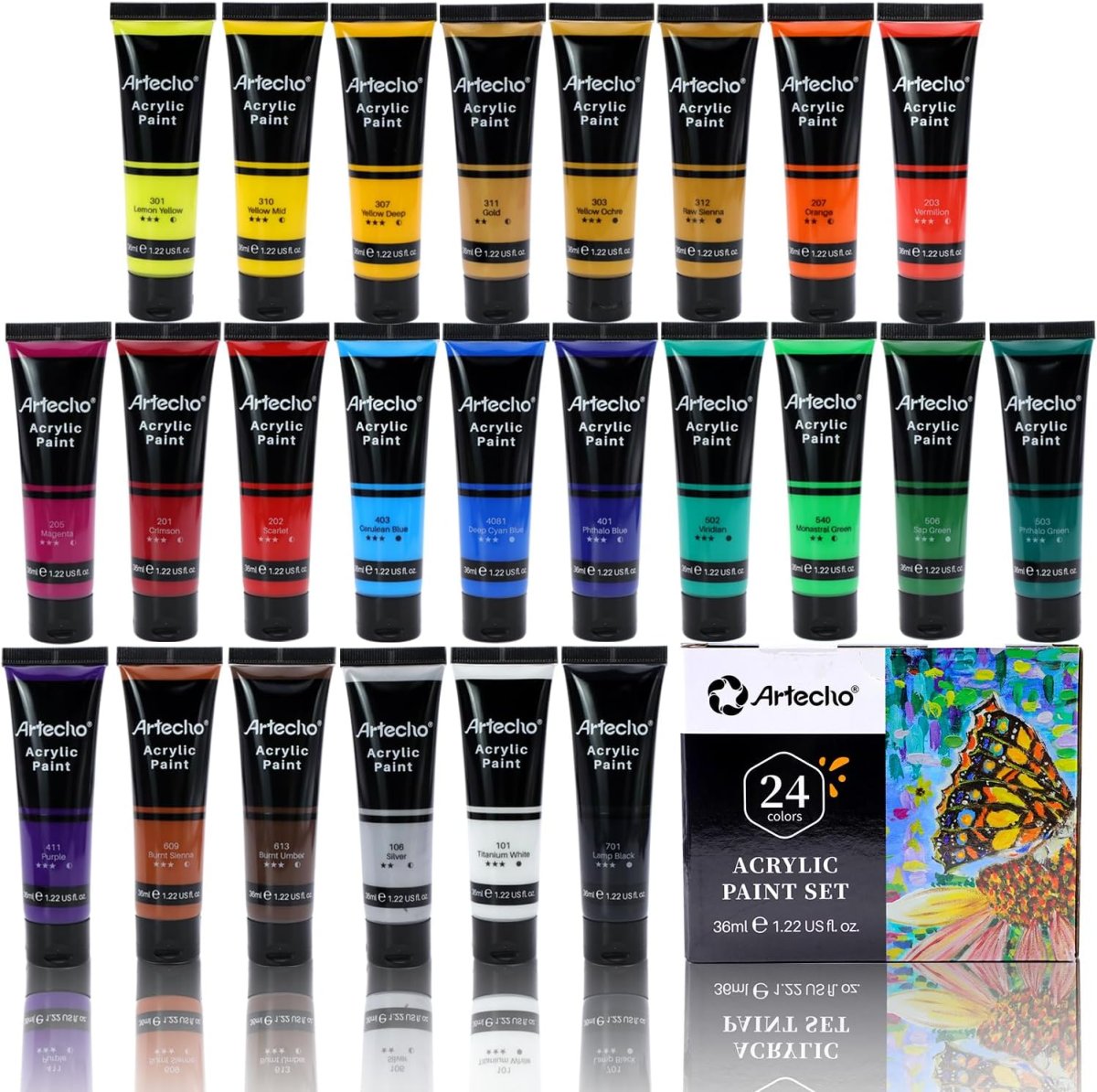 Artecho Acrylfarben Set 18 x 36 ml, Acrylic Paint Set, Wasserfest und Lichtecht, Schnell Trocknend, ideal für Leinwand, Papier und Stoffe, Geschenke zu Weihnachten und anderen Feiertagen